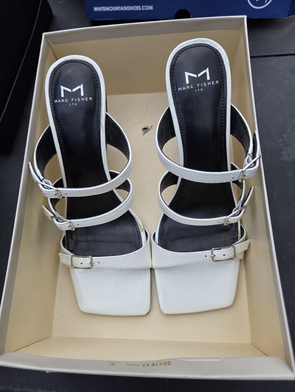 Marc Fisher White Triple-Strap Square-Toe Heeled Sandals
